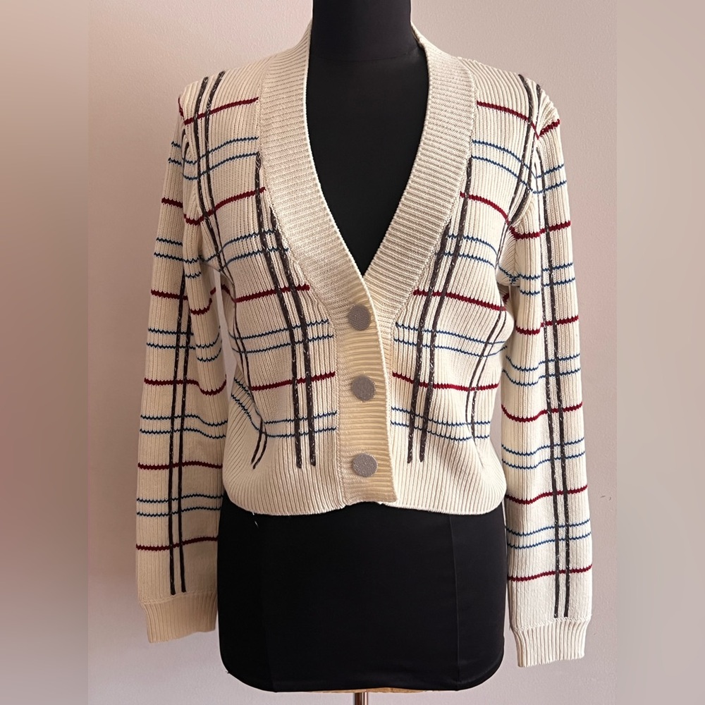 Cream Plaid V-Neck Button Cardigan Sweater
